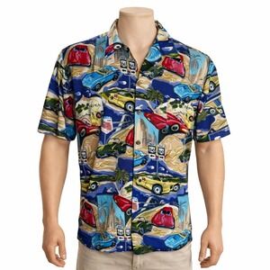 Island‎ Collection Hawaiian Shirt XL Route 66 Classic Cars Palm Trees